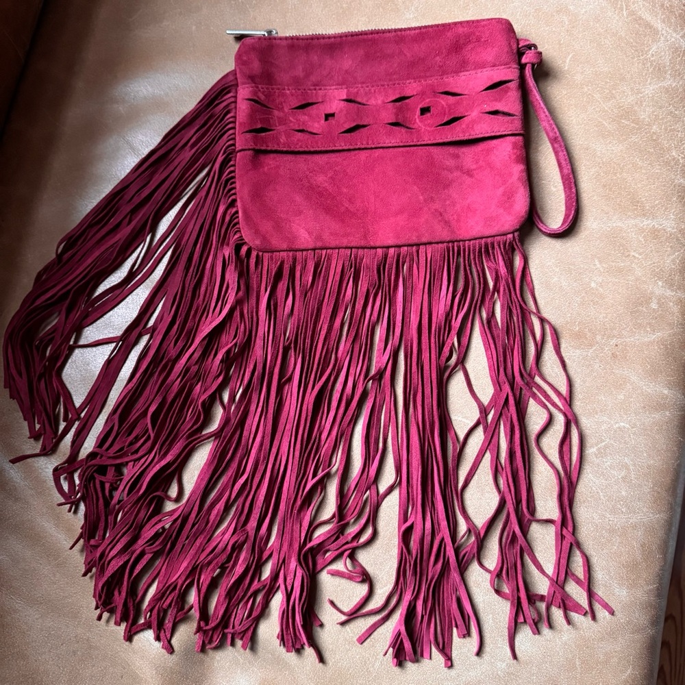 Pinko Fringe Suede Wristlet Clutch Red cutout tassel texture designer Italy - Picture 4 of 11